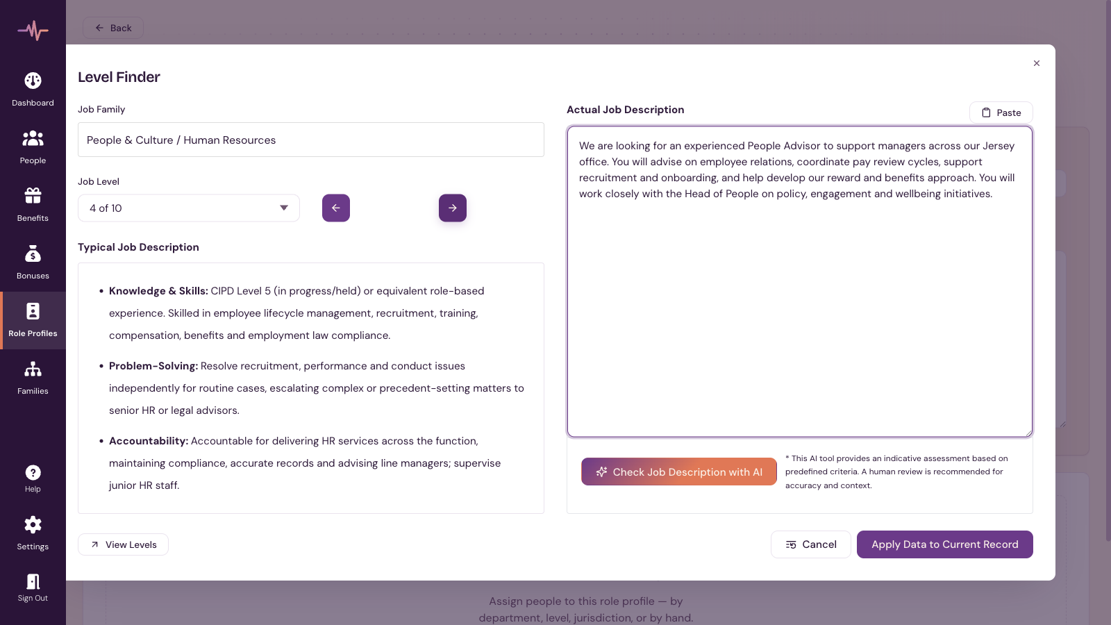PayPulse AI Level Finder dialog: a pasted job description on the right, the matched job family, level and typical description on the left, with a Check Job Description with AI button. Illustrative data.