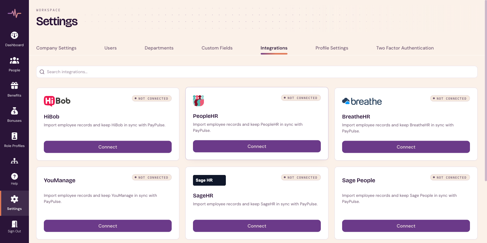 PayPulse integrations settings showing connectable HR systems including HiBob, PeopleHR, BreatheHR, YouManage, SageHR and Sage People.